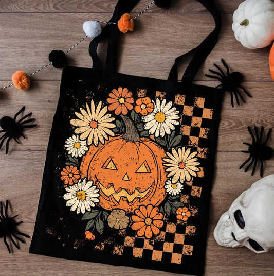Checkered Flowers Pumpkin Bag |  Halloween | Holiday